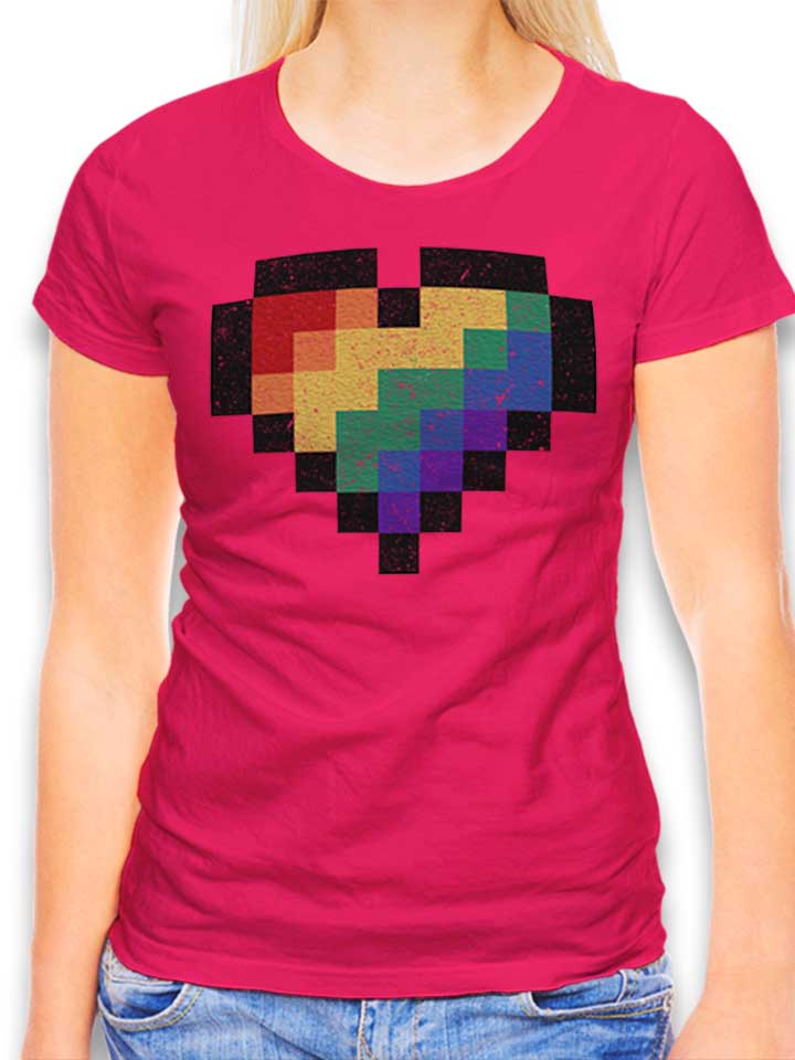 8 Bit Rainbow Heart Damen T-Shirt fuchsia L