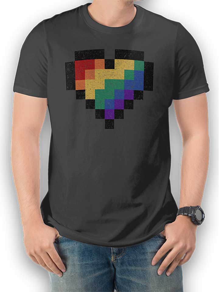 8 Bit Rainbow Heart T-Shirt dunkelgrau L