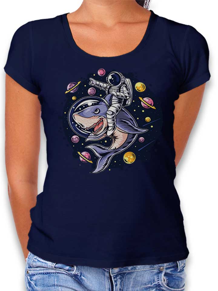 Astronaut Riding Shark Damen T-Shirt dunkelblau L