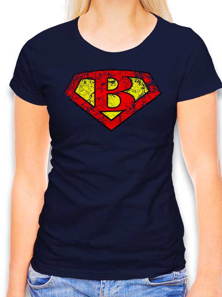 B Buchstabe Logo Vintage Damen T-Shirt dunkelblau L
