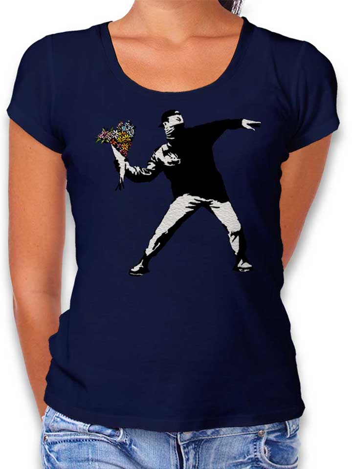Banksy Flower Hooligan T-Shirt Donna blu-oltemare L