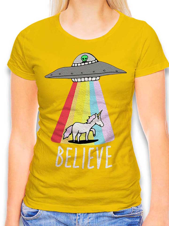 Believe Ufo Unicorn Womens T-Shirt yellow L