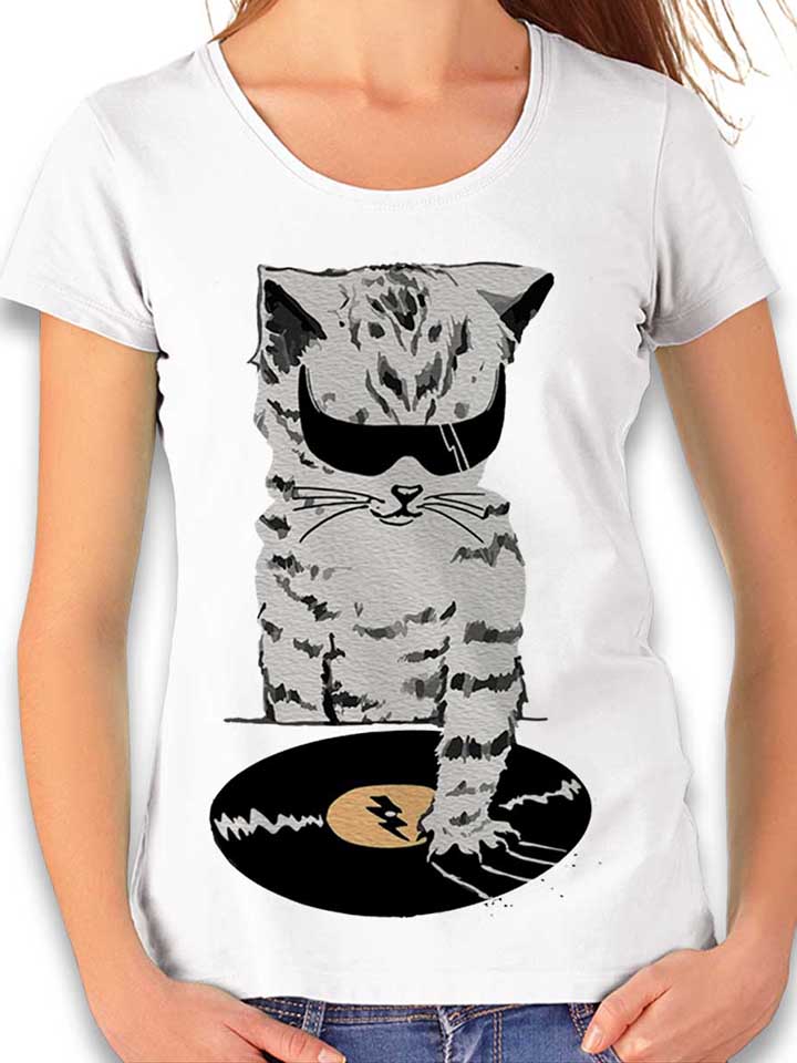 Cat Dj Scratch Damen T-Shirt weiss L