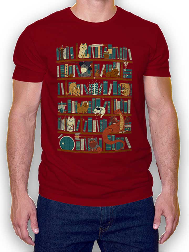 Cats Bookshelf T-Shirt maroon L
