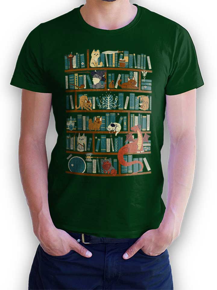 Cats Bookshelf T-Shirt dunkelgruen L