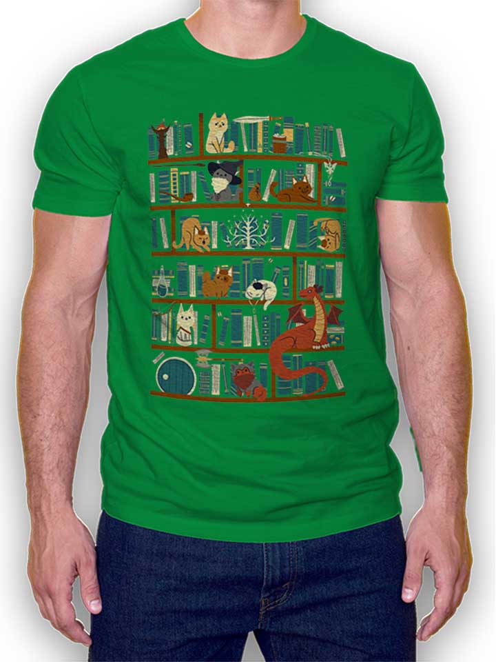 Cats Bookshelf T-Shirt green L