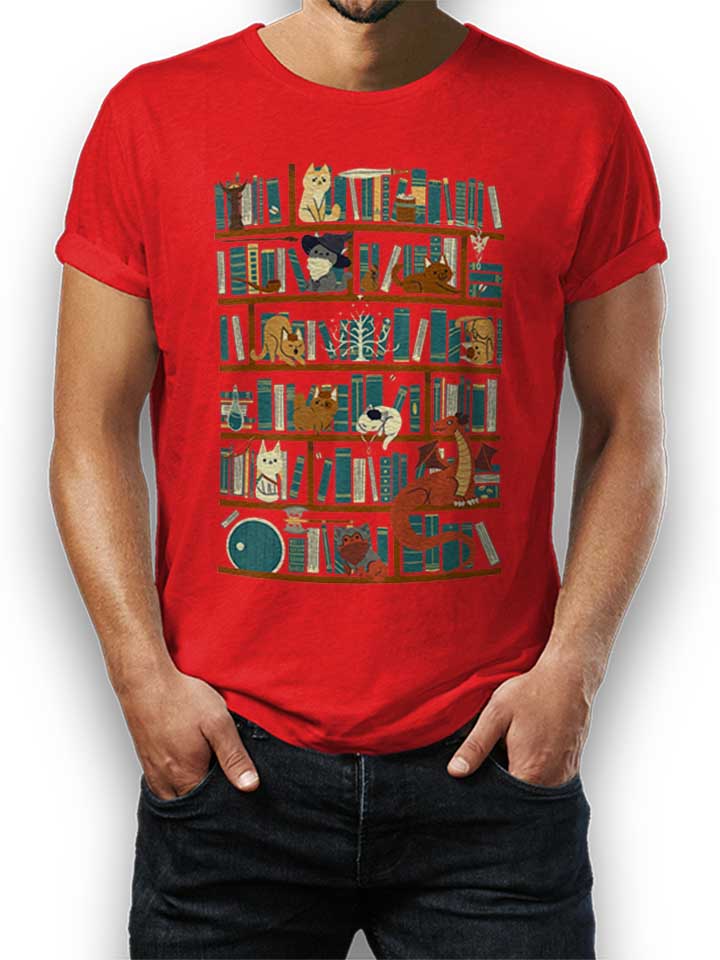 Cats Bookshelf T-Shirt rosso L