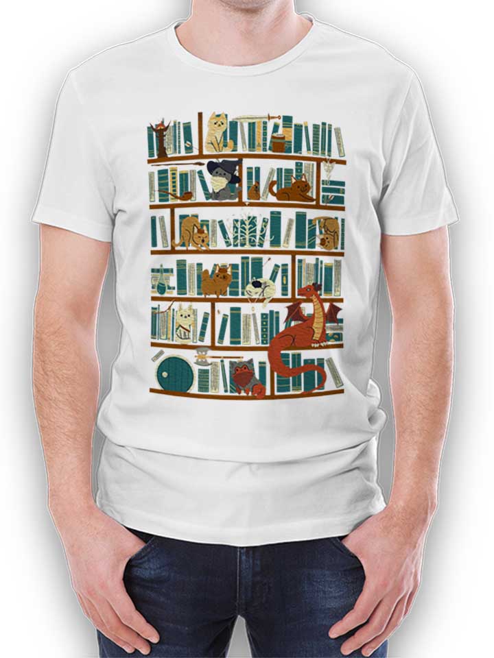Cats Bookshelf T-Shirt bianco L