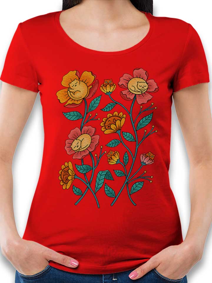 Cats Flowers Damen T-Shirt rot L