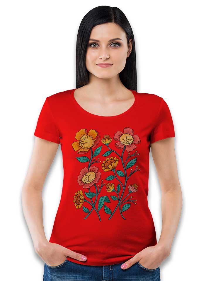 cats-flowers-damen-t-shirt rot 2