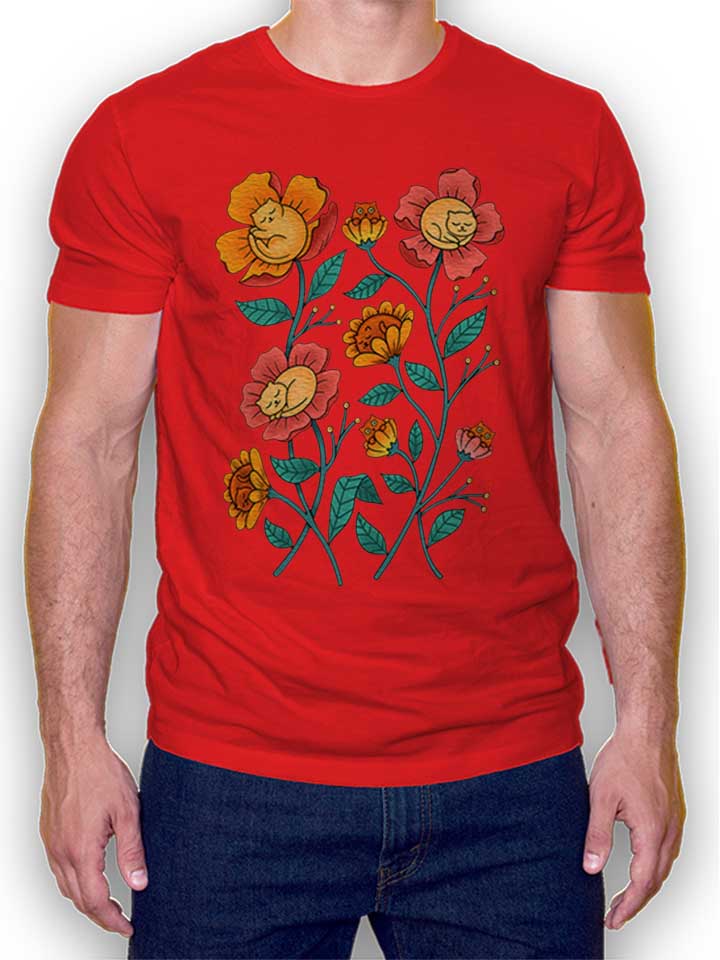 Cats Flowers T-Shirt red L