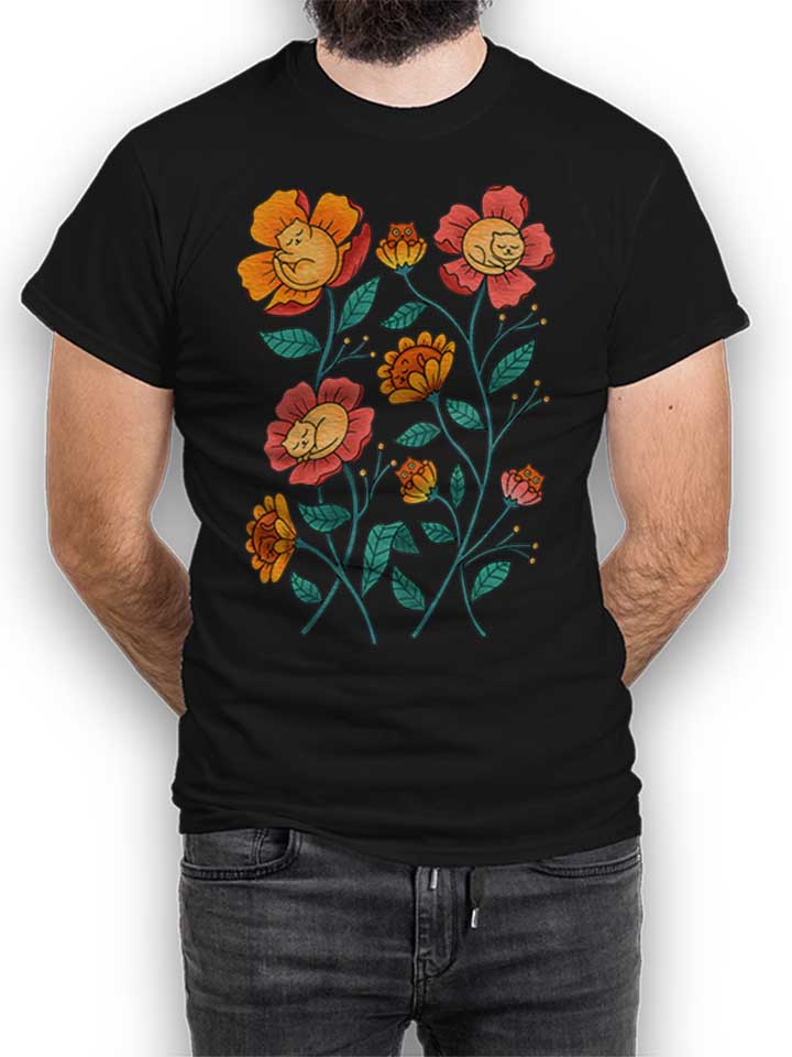 Cats Flowers T-Shirt schwarz L