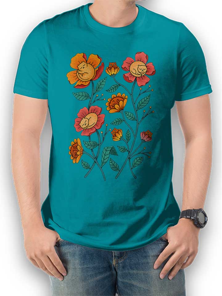 Cats Flowers T-Shirt turquoise L