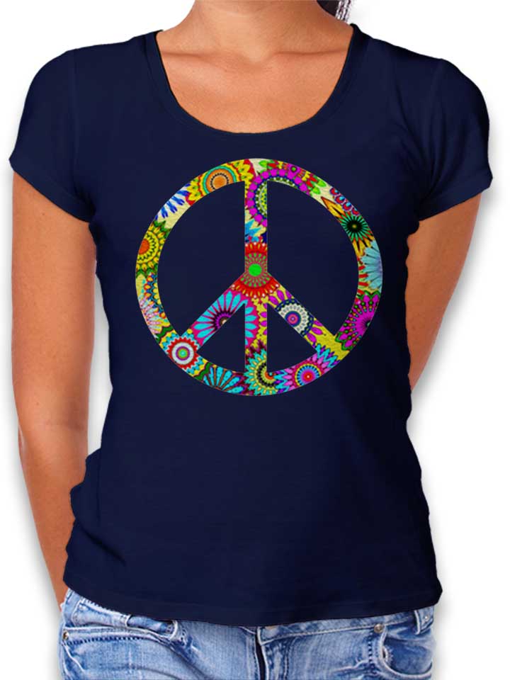 Cool Retro Flowers Peace Sign T-Shirt Femme bleu-marine L