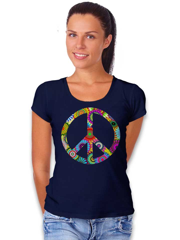 cool-retro-flowers-peace-sign-damen-t-shirt dunkelblau 2