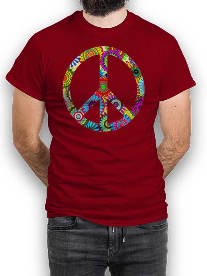 Cool Retro Flowers Peace Sign T-Shirt bordeaux L