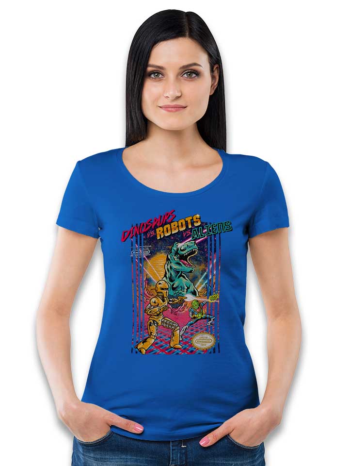 dinosaurs-vs-robots-vs-aliens-damen-t-shirt royal 2