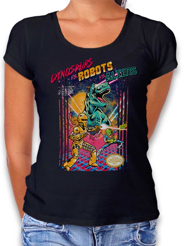 dinosaurs-vs-robots-vs-aliens-damen-t-shirt schwarz 1