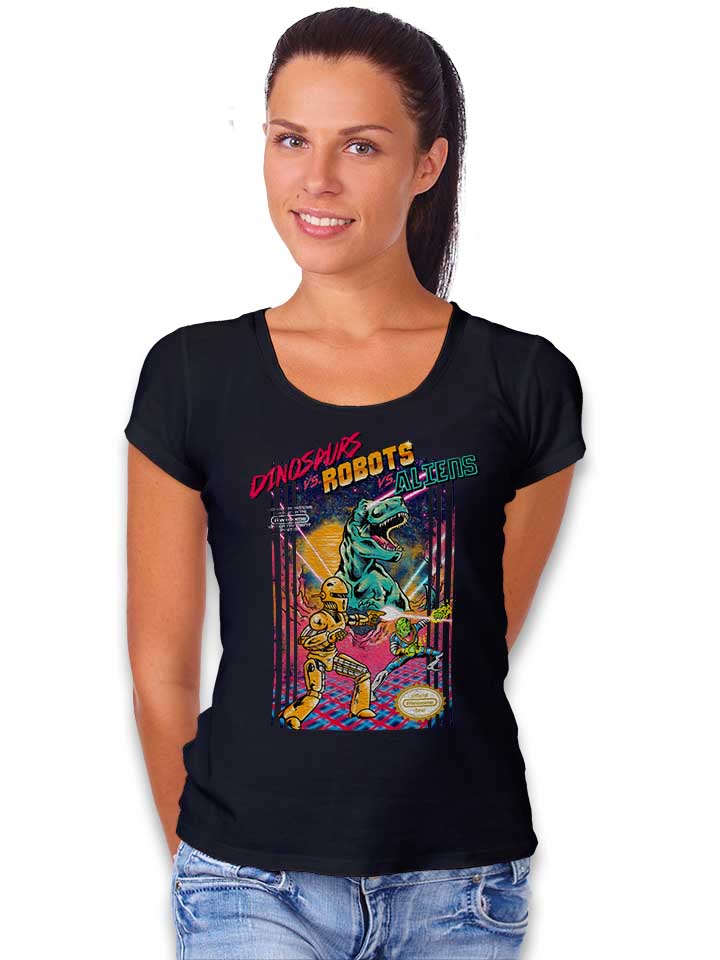 dinosaurs-vs-robots-vs-aliens-damen-t-shirt schwarz 2