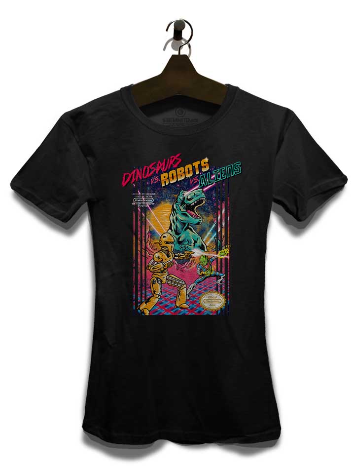 dinosaurs-vs-robots-vs-aliens-damen-t-shirt schwarz 3