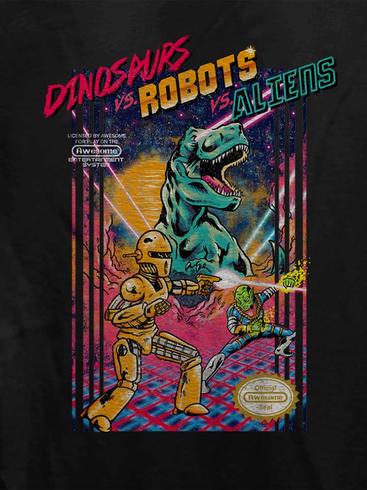 dinosaurs-vs-robots-vs-aliens-damen-t-shirt schwarz 4