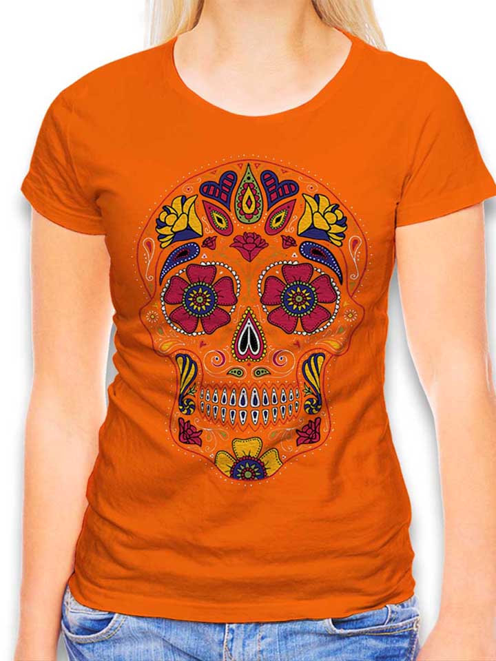 flower-skull-damen-t-shirt orange 1