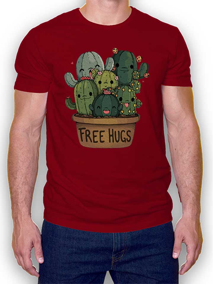 Free Hugs Kakteen Blumentopf T-Shirt bordeaux L