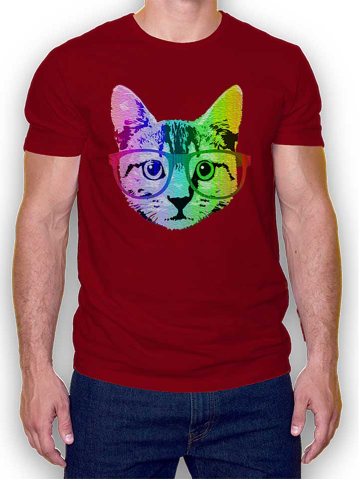 Funny Rainbow Cat Camiseta burdeos L