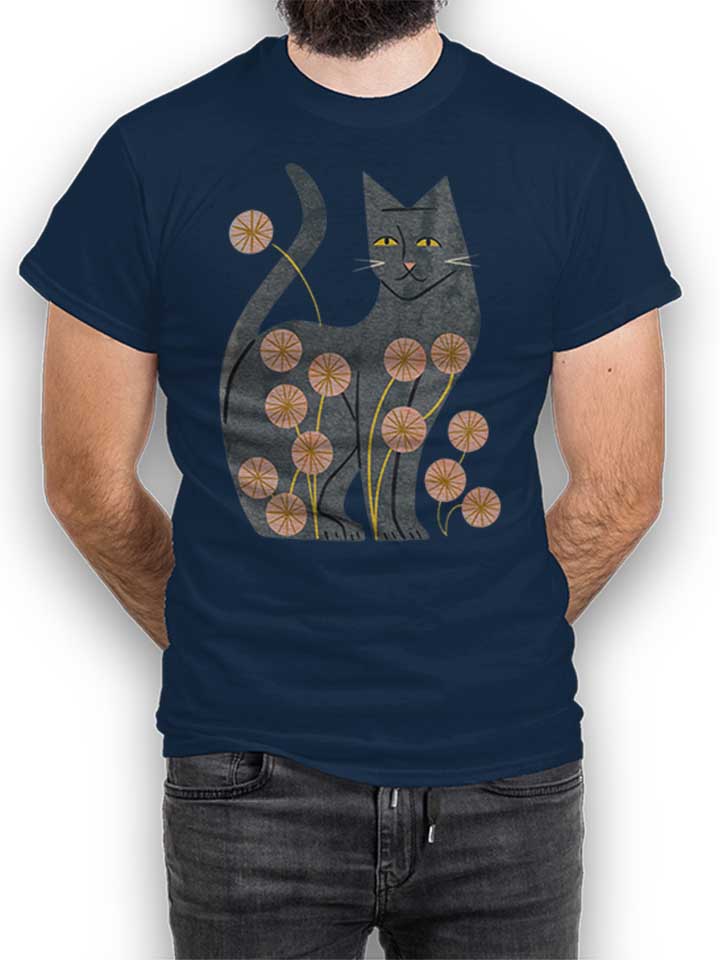 Gray Cat And Flowers T-Shirt navy L