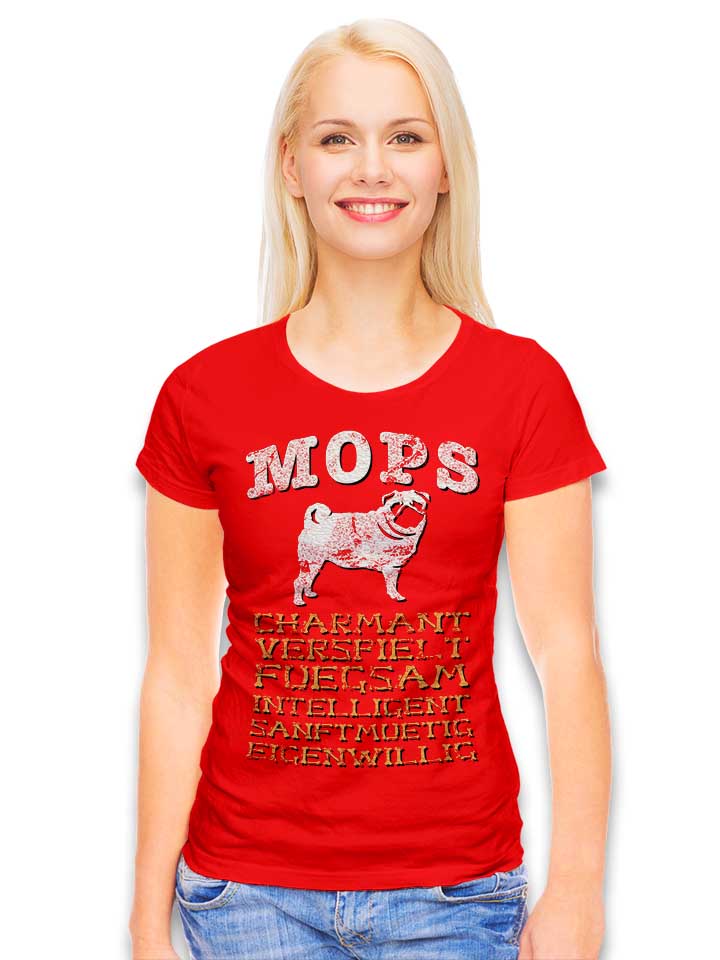 hund-mops-damen-t-shirt rot 2