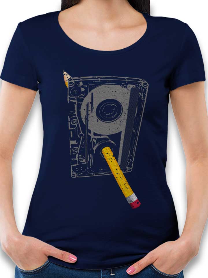 kassette-bleistift-damen-t-shirt dunkelblau 1
