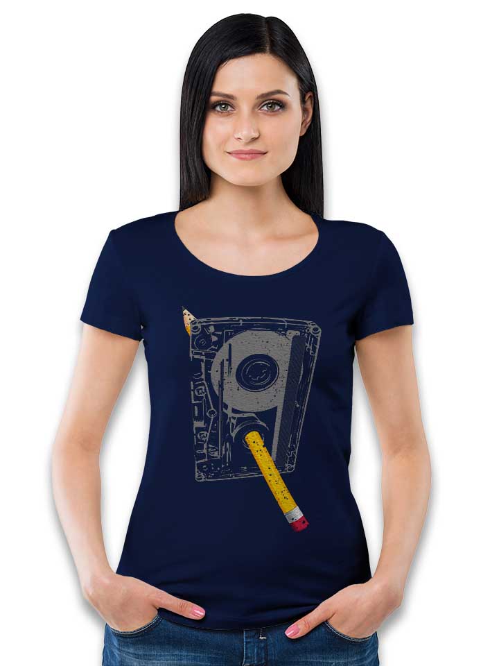 kassette-bleistift-damen-t-shirt dunkelblau 2