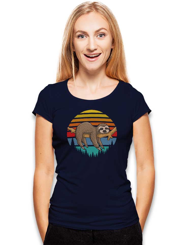 lazy-sloth-retro-sunset-damen-t-shirt dunkelblau 2