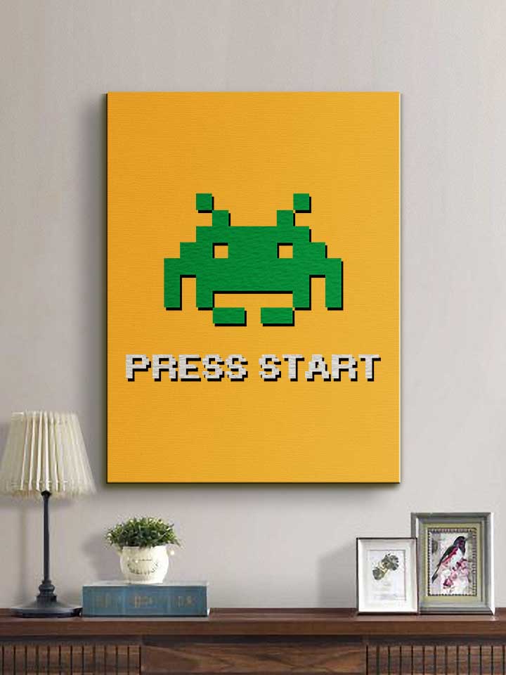 8-bit-alien-press-start-leinwand gelb 2