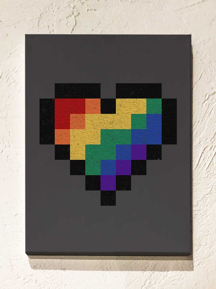 8 Bit Rainbow Heart Leinwand dunkelgrau 30x40 cm