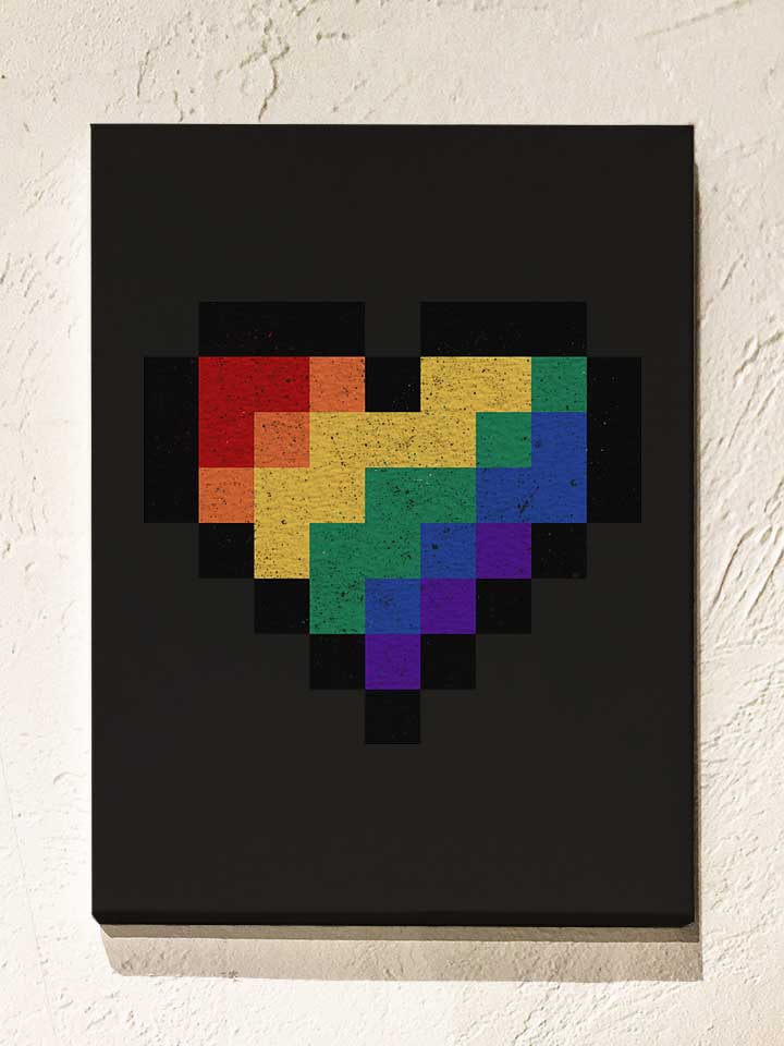 8 Bit Rainbow Heart Leinwand schwarz 30x40 cm