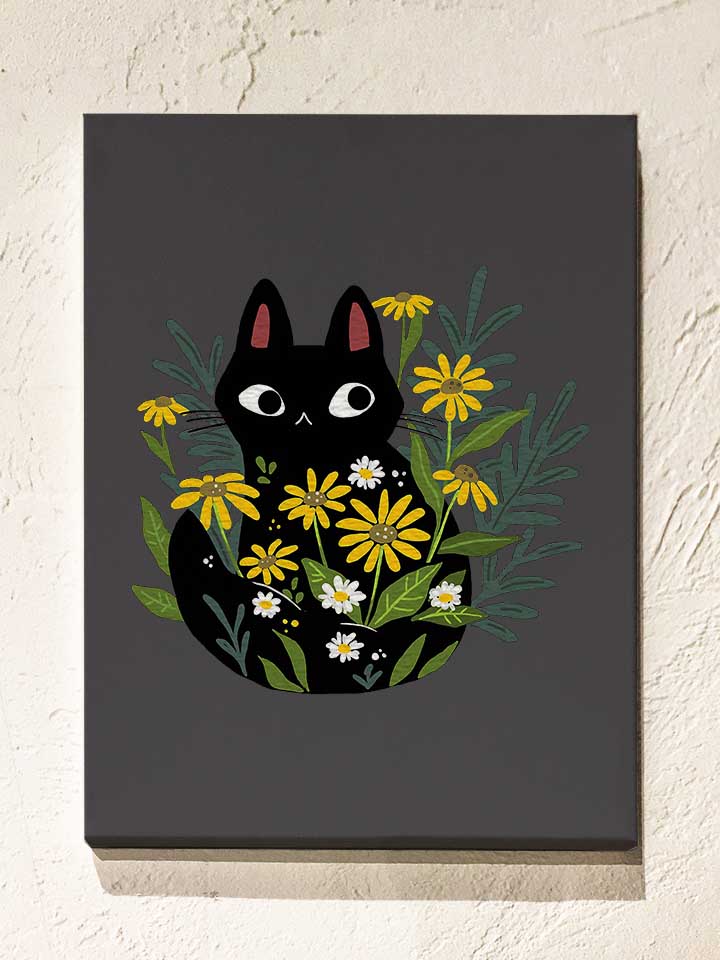 Black Cat With Flowers Leinwand