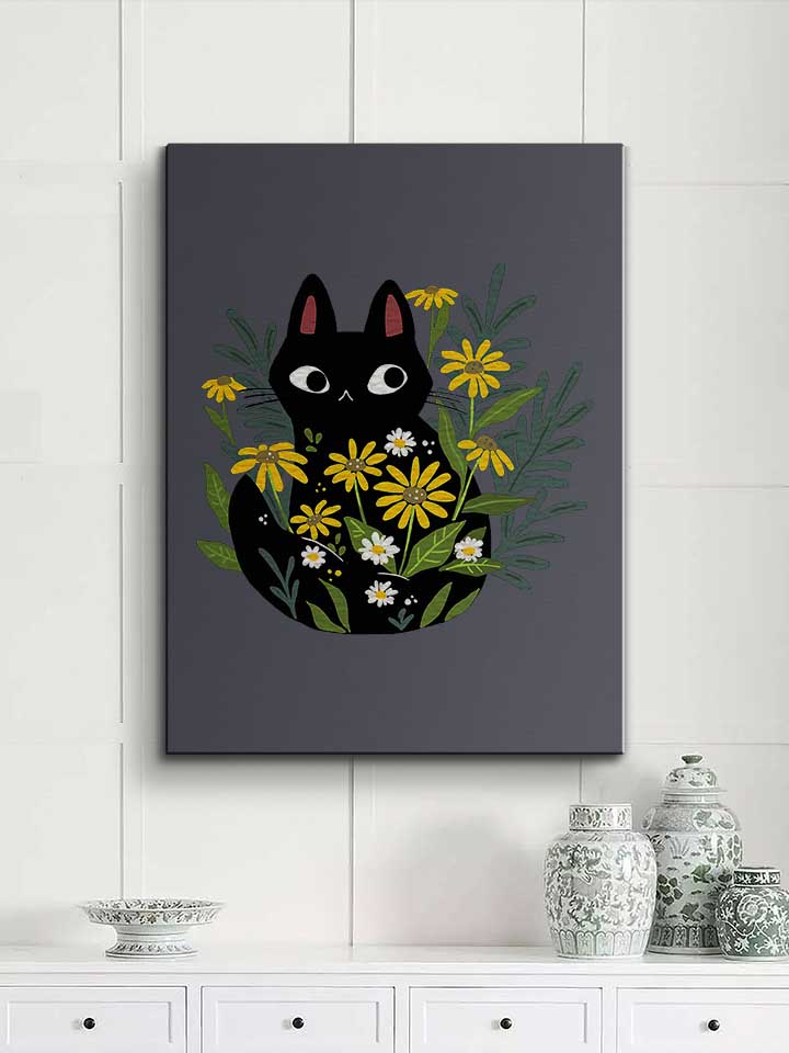 black-cat-with-flowers-leinwand dunkelgrau 2