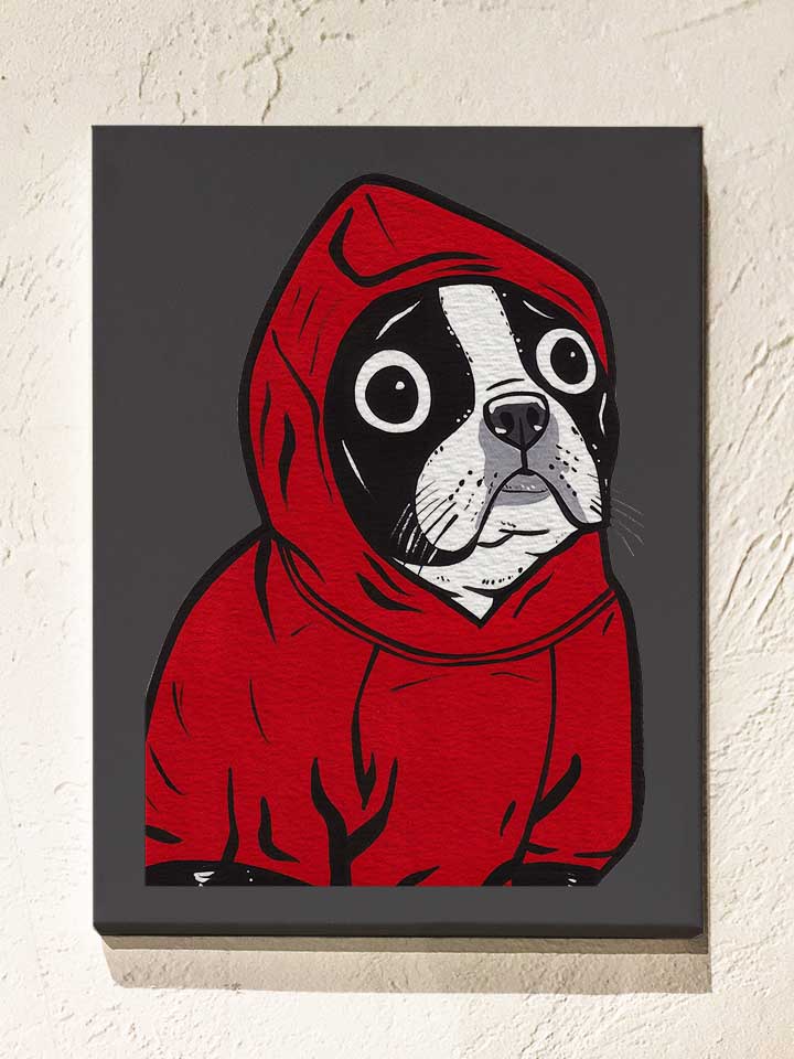 boston-terrier-red-hoodie-leinwand dunkelgrau 1