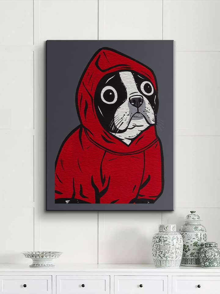 boston-terrier-red-hoodie-leinwand dunkelgrau 2