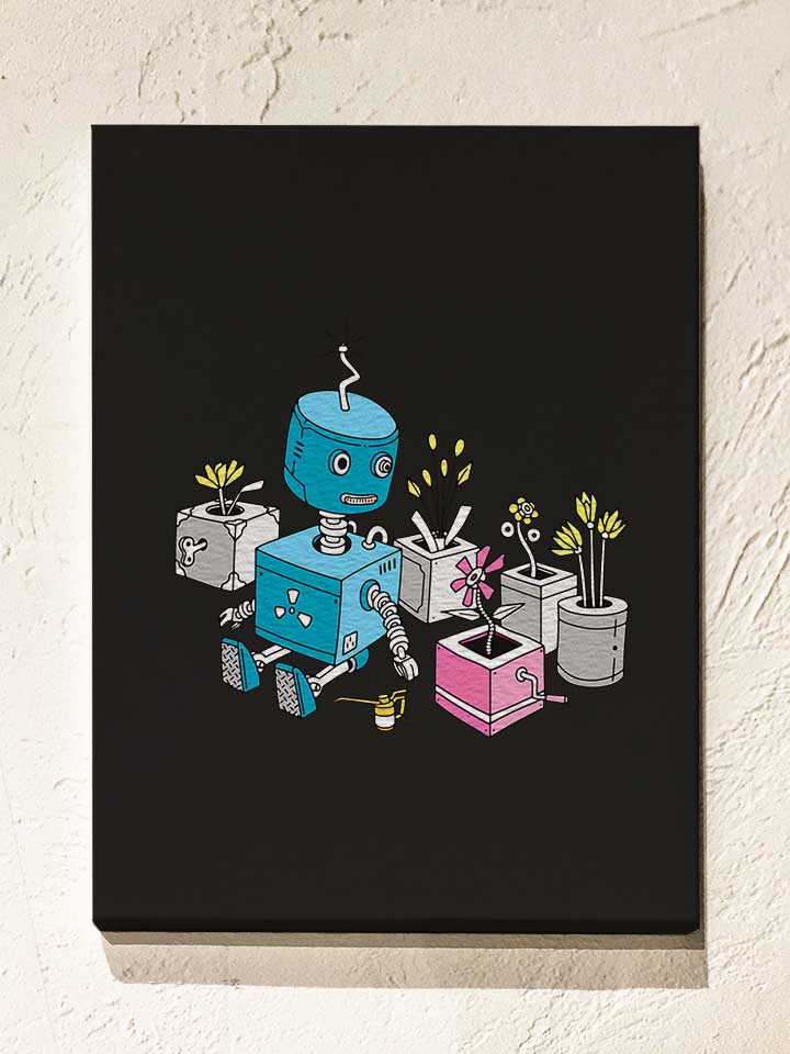 robot-and-flowers-leinwand schwarz 1