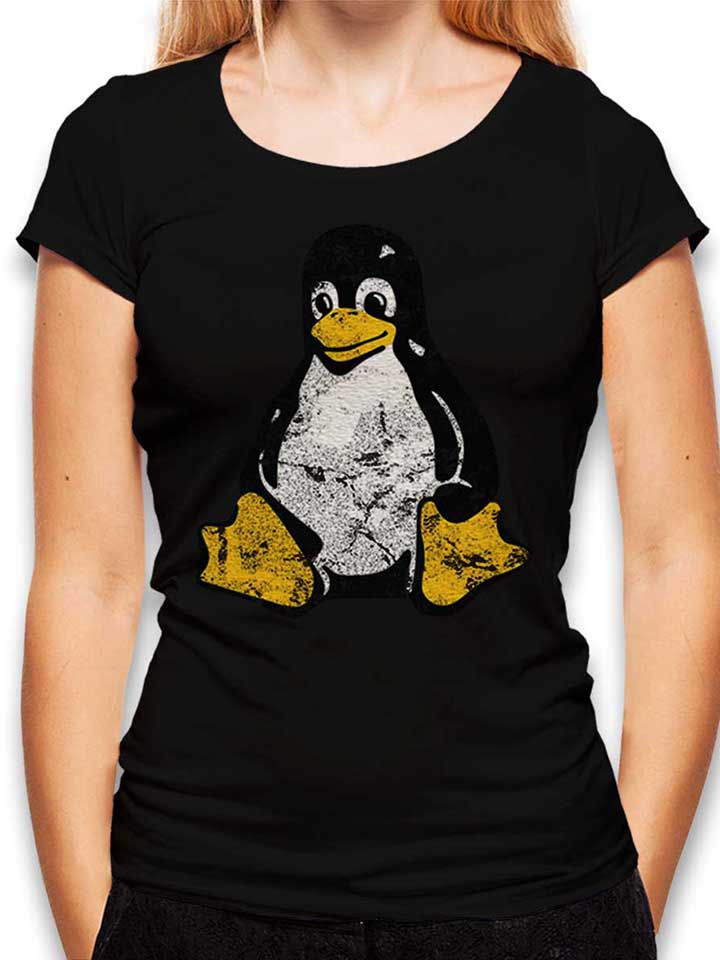 Linux Pinguin Vintage Damen T-Shirt schwarz L