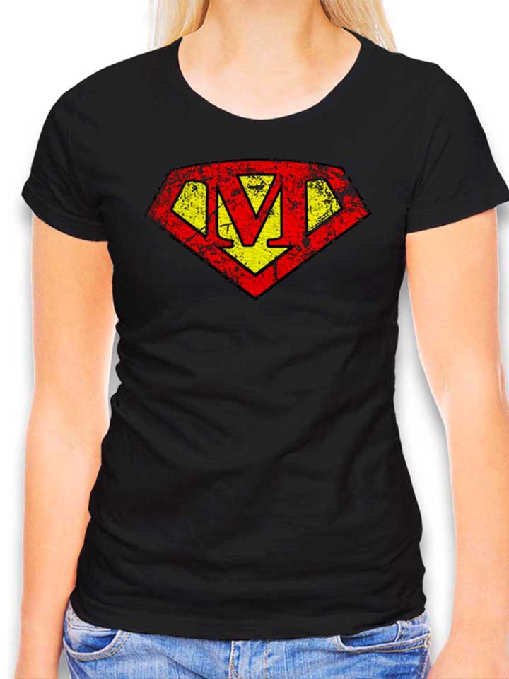 M Buchstabe Logo Vintage Damen T-Shirt schwarz L