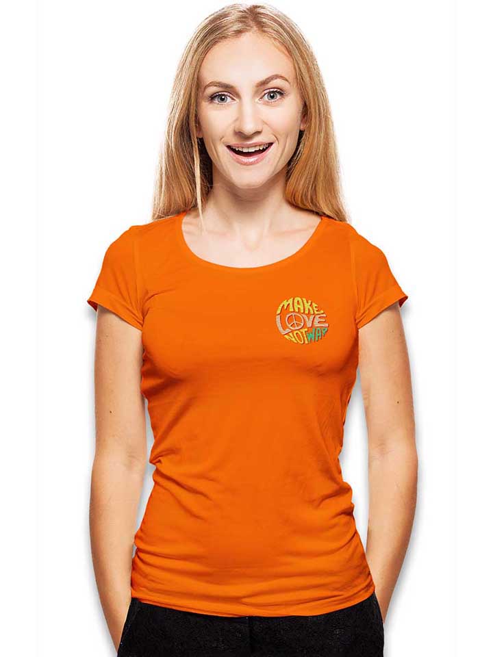 make-love-not-war-chest-print-damen-t-shirt orange 2