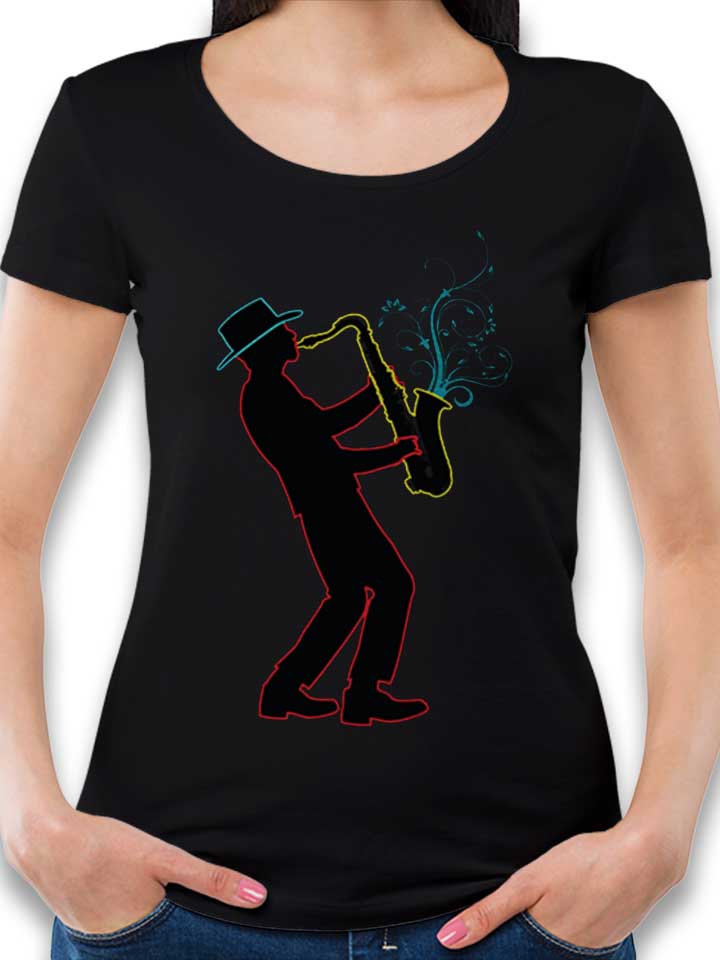 neon-saxophone-player-damen-t-shirt schwarz 1