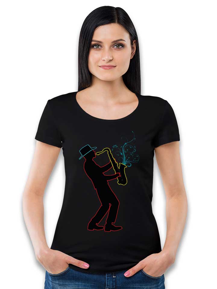 neon-saxophone-player-damen-t-shirt schwarz 2