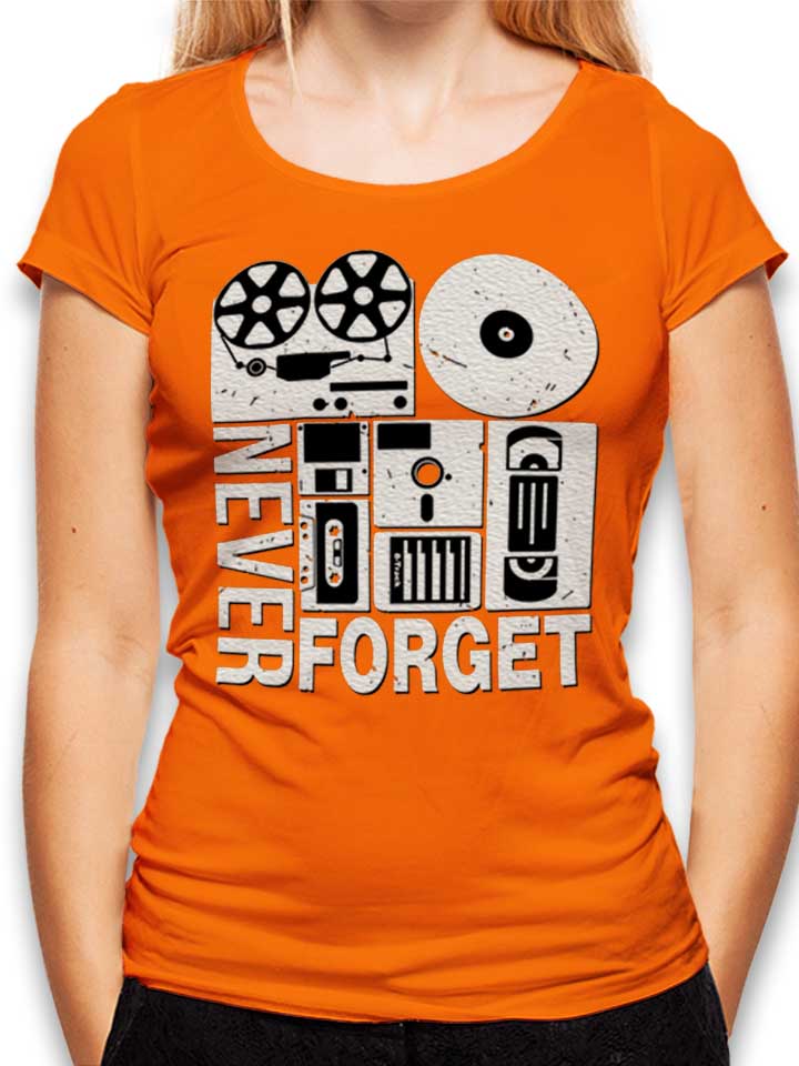 never-forget-analog-media-damen-t-shirt orange 1