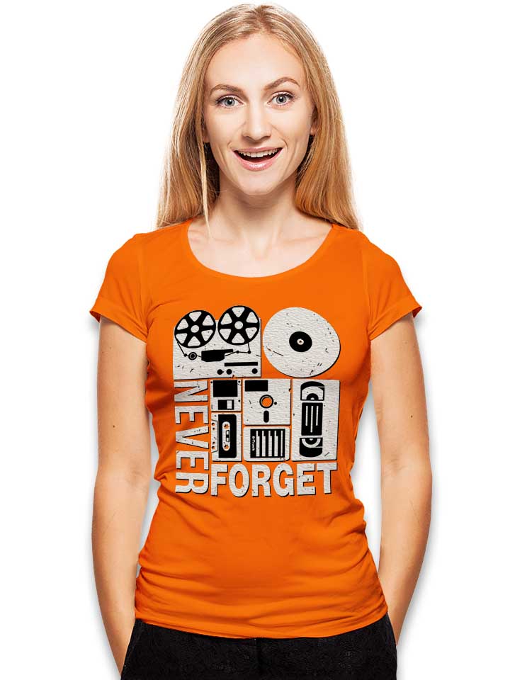 never-forget-analog-media-damen-t-shirt orange 2