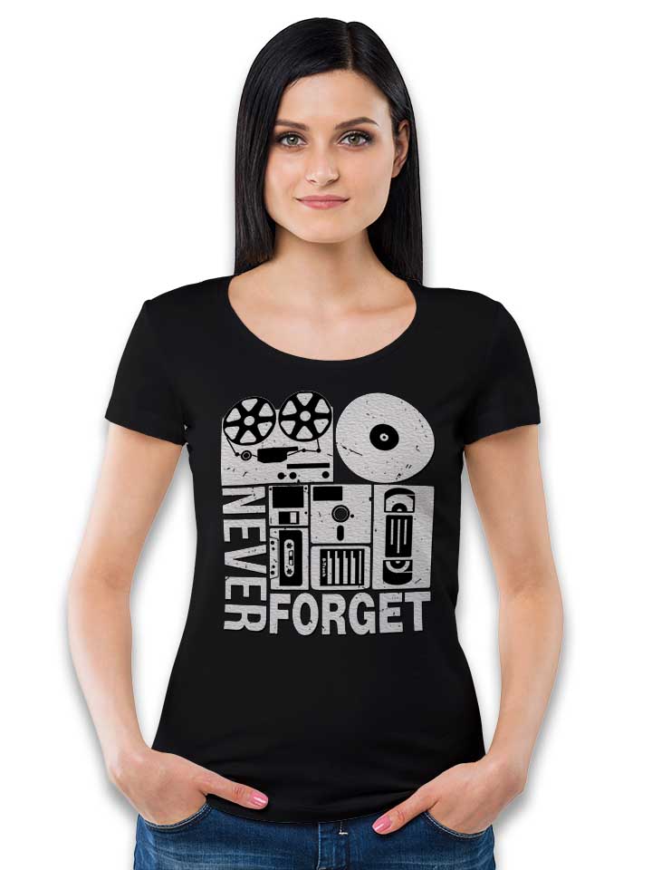 never-forget-analog-media-damen-t-shirt schwarz 2
