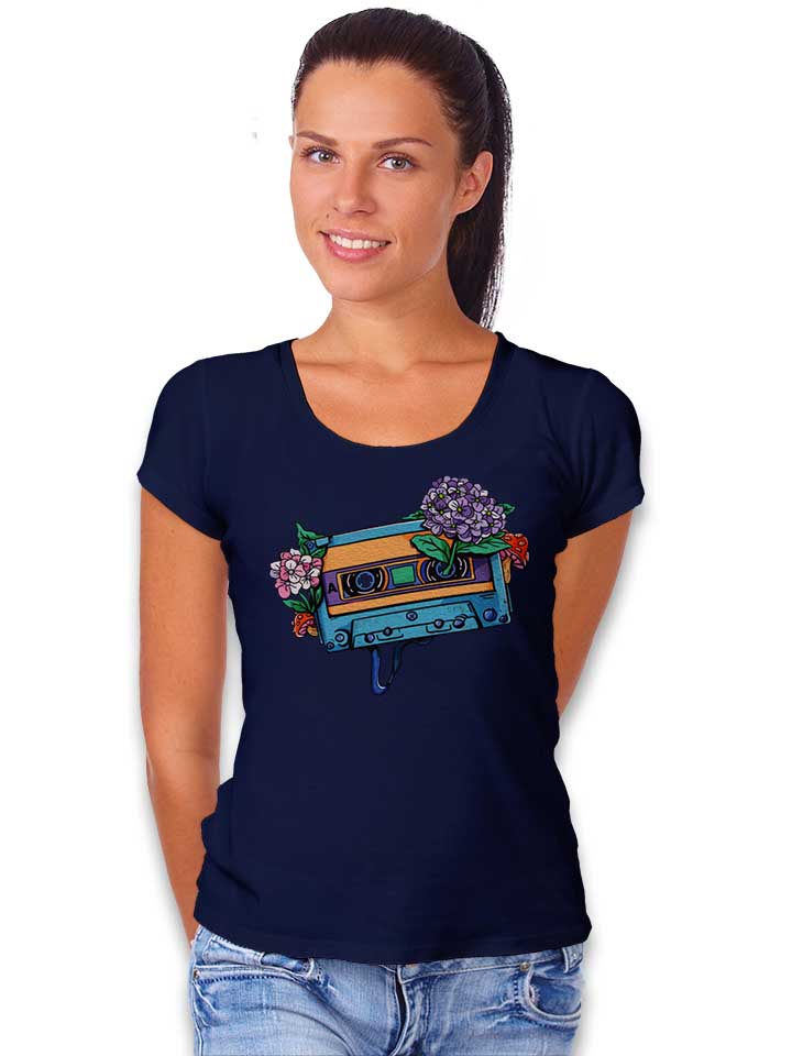 oldschool-cassette-flowers-damen-t-shirt dunkelblau 2